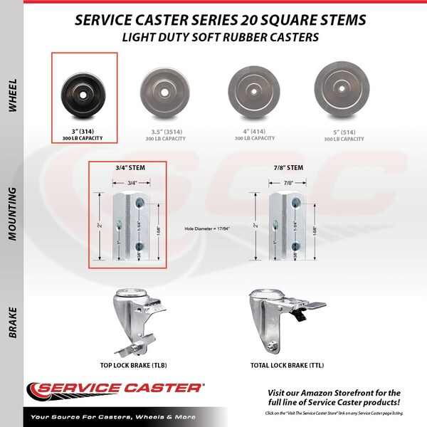 3 Inch Soft Rubber Swivel 3/4 Inch Square Stem Caster Total Lock Brakes, 2PK